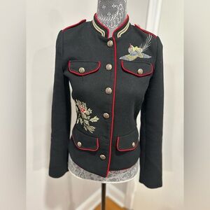 ZARA Trafaluc Sz: XS Black Military Style Embroidered Jacket Floral Birds Gold.